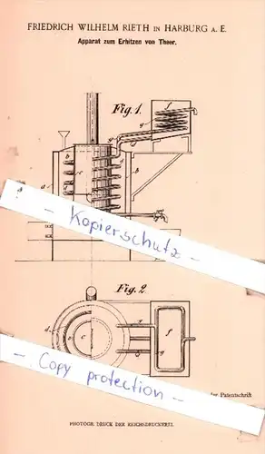 Original Patent  - F. W. Rieth in Harburg a. E. , 1900 , Apparat zum Erhitzen von Theer !!!