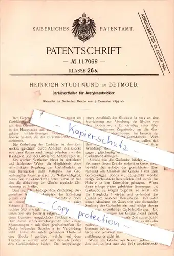 Original Patent  - H. Studtmund in Detmold , 1899 , Carbidvertheiler für Acetylenentwickler !!!