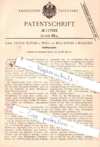 Original Patent  - C. V. Suppàn in Wien und B. Szendi in Budapest , 1898 , Schiffspropeller !!!