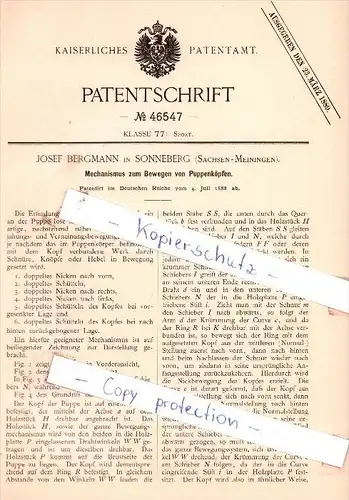 Original Patent - J. Bergmann in Sonneberg , Sachsen-Meiningen , 1888 , Mechanismus für Puppenköpfe , Puppen !!!