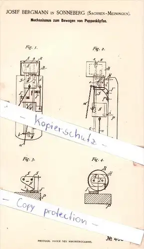 Original Patent - J. Bergmann in Sonneberg , Sachsen-Meiningen , 1888 , Mechanismus für Puppenköpfe , Puppen !!!