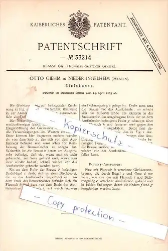 Original Patent - Otto Giehm in Nieder-Ingelheim , Hessen , 1885 , Gießkanne !!!