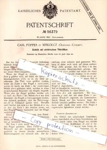 riginal Patent - C. Popper in Miskolcz , Oesterr.-Ungarn , 1890 , Schloß mit elektrischem Thüröffner !!!
