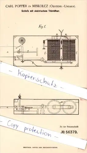 riginal Patent - C. Popper in Miskolcz , Oesterr.-Ungarn , 1890 , Schloß mit elektrischem Thüröffner !!!