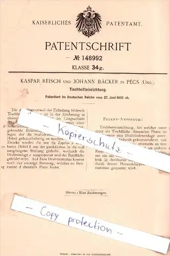 Original Patent - Kaspar Reisch und Johann Bäcker in Pecs , Ung. , 1902 , Tischbetteinrichtung !!!