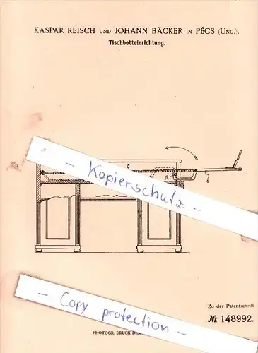 Original Patent - Kaspar Reisch und Johann Bäcker in Pecs , Ung. , 1902 , Tischbetteinrichtung !!!