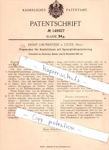 Original Patent - Ernst Grundstedt in Uetze, Hann , 1902 , Tragedoden für Kopfstützen !!!