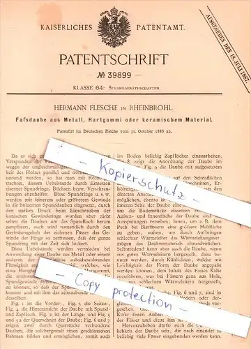 Original Patent - H. Flesche in Rheinbrohl , 1886 , Faßdaube aus Metall !!!