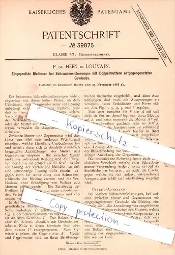 Original Patent - P. de Heen in Louvain , 1886 , Bleilinsen bei Schraubensicherungen !!!