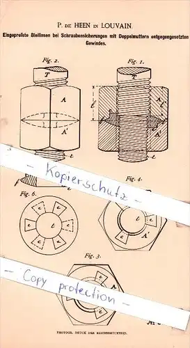 Original Patent - P. de Heen in Louvain , 1886 , Bleilinsen bei Schraubensicherungen !!!