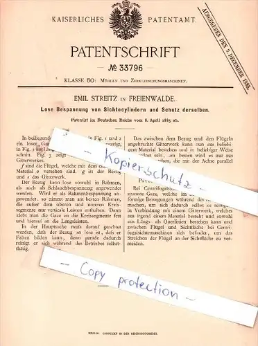 Original Patent - Emil Streitz in Freienwalde , 1885 , Bespannung von Sichtecylindern !!!