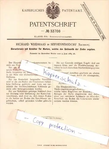 Original Patent - Richard Weidhaas in Seifhennersdorf , Sachsen , 1885 , Bieruntersatz !!!