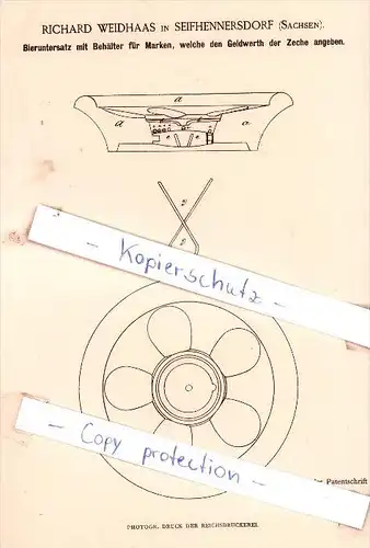 Original Patent - Richard Weidhaas in Seifhennersdorf , Sachsen , 1885 , Bieruntersatz !!!