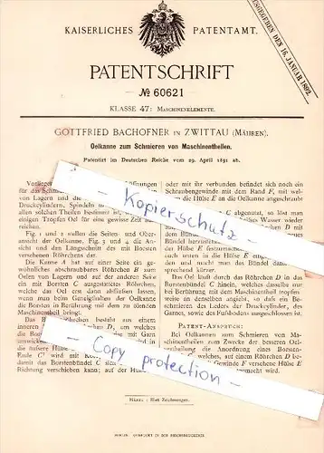 Original Patent - Gottfried Bachofner in Zwittau / Svitavy , Mähren , 1891 , Maschinenelemente !!!