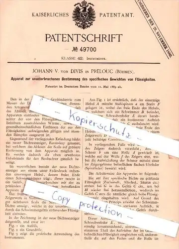 Original Patent - Johann V. von Divis in Prelouc , Böhmen , 1889 , Instrumente !!!