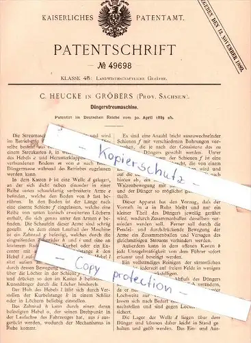 Original Patent - C. Heucke in Gröbers , Prov. Sachsen , 1889 , Düngerstreumaschine !!!