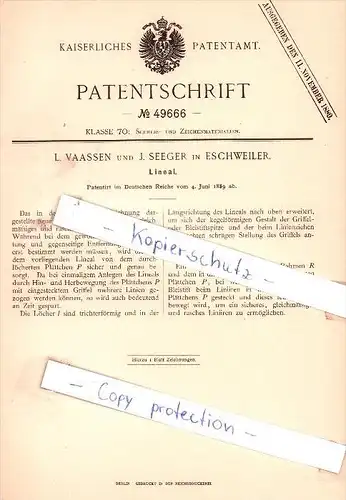 Original Patent - L. Vaassen und J. Seeger in Eschweiler , 1889 , Lineal !!!