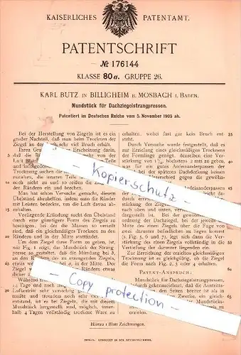 Original Patent - K. Butz in Billigheim b. Mosbach i. Baden  , 1905 ,  Mundstück für Dachziegelstrangpressen !!!