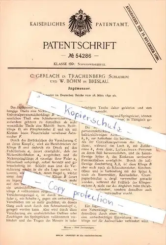Original Patent - C. Gerlach in Trachenberg / Zmigród , Schlesien und W. Böhm in Breslau , 1890 ,  !!!