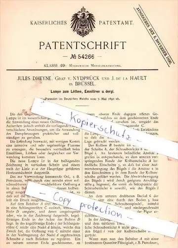 Original Patent - Jules Dheyne, Graf von Nydprück und J. de la Hault in Brüssel , 1890 , Bruxelles !!!