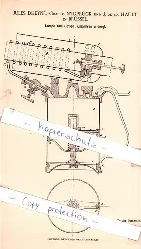 Original Patent - Jules Dheyne, Graf von Nydprück und J. de la Hault in Brüssel , 1890 , Bruxelles !!!