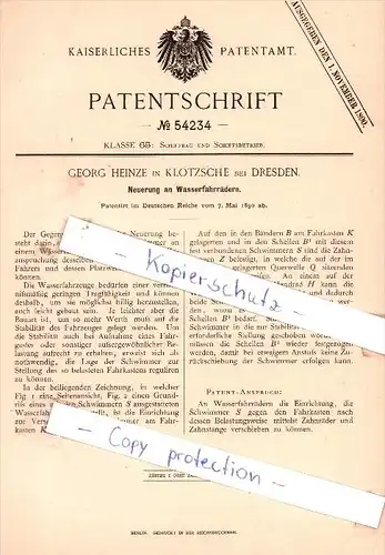 Original Patent - G. Heinze in Klotzsche bei Dresden , 1890 , Neuerung an Wasserrfahrrädern !!!