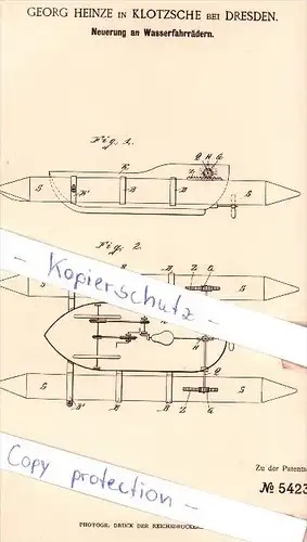 Original Patent - G. Heinze in Klotzsche bei Dresden , 1890 , Neuerung an Wasserrfahrrädern !!!