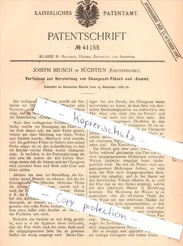 Original Patent - Joseph Beusch in Süchteln b. Viersen , Rheinpreussen , 1886 , Changeant-Plüsch und -Sammt !!!