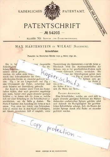 Original Patent - Max Hartenstein in Wilkau , Sachsen , 1890 , Schreibfeder !!!