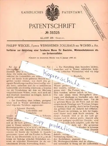 Original Patent - Philipp Weickel, Fabrik Weinsheimer Zollhaus bei Worms a. Rh. , 1886 ,  !!!