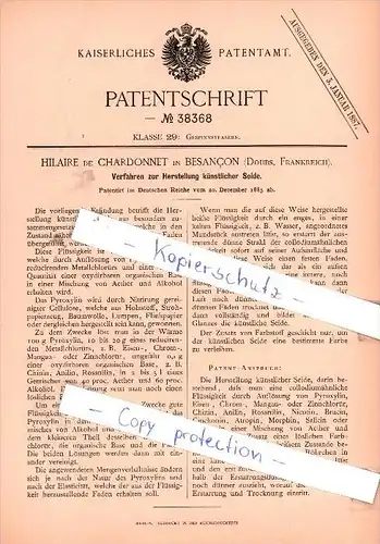 Original Patent - Hilaire de Chardonnet in Besancon , Doubs, Frankreich , 1885 , !!!