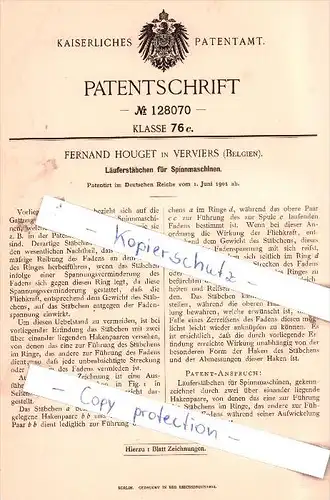 Original Patent - F. Houget in Verviers , Belgien , 1901 , Läuferstäbchen für Spinnmaschinen !!!