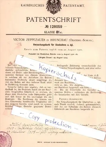 Original Patent - V. Zeppezauer in Hruschau / Ostrava , Oesterr.-Schles. , 1901 , Verpackungskorb , Glas  !!!