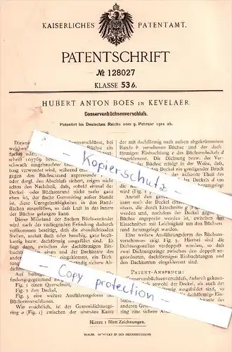 Original Patent - Hubert Anton Boes in Kevelaer , 1901 , Conservenbüchsenverschluß !!!