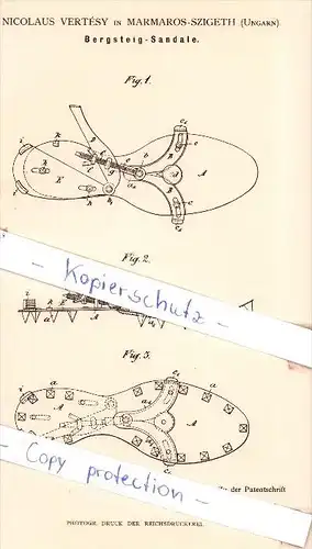 Original Patent - Nicolaus Vertesy in Marmaros-Szigeth , Ungarn , 1884 , Bergsteig-Sandale , Bergsteiger !!!