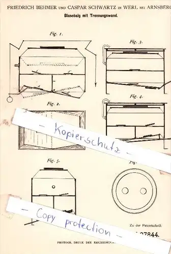 Original Patent - F. Behmer und C. Schwartz in Werl bei Arnsberg , 1883 , Blasebalg !!!