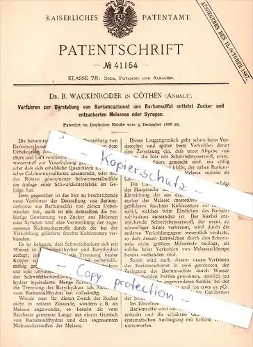 Original Patent - Dr. B. Wackenroder in Cöthen , Anhalt , 1886 , Darstellung von Bariumcarbonat , Labor , Köthen !!!