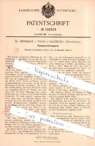 Original Patent - Dr. Hermann von Vilas in Salzburg , Österreich , 1898 , Flaschenverkorkapparat !!!