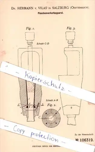 Original Patent - Dr. Hermann von Vilas in Salzburg , Österreich , 1898 , Flaschenverkorkapparat !!!