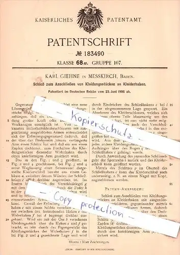 Original Patent - K. Giehne in Messkirch, Baden , 1906 , Anschließen von Kleidungsstücken !!!