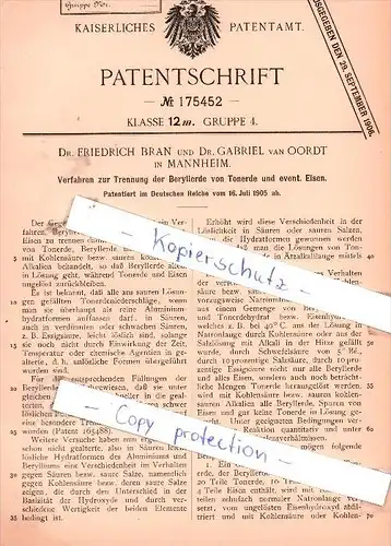 Original Patent - Dr. F. Bran und Dr. G. van Oordt in Mannheim , 1905 , Beryllerde !!!