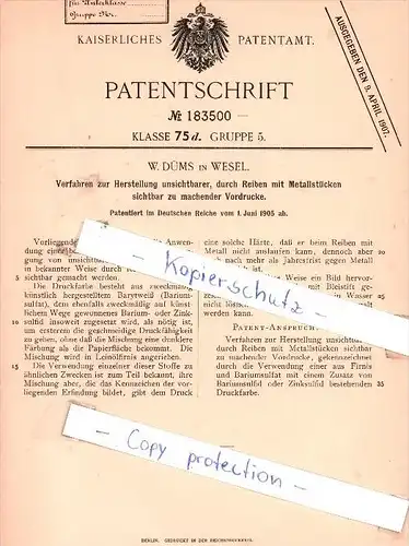 Original Patent - W. Düms in Wesel , 1905 , Herstellung von Vordrucken !!!