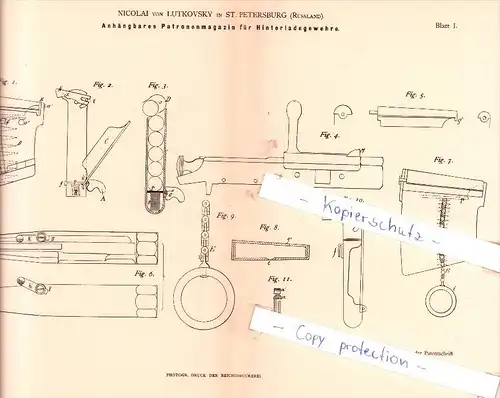 Original Patent - Nicolai von Lutkovsky in St. Petersburg , Russland , 1883 , Patronenmagazin für Gewehre , Schusswaffen