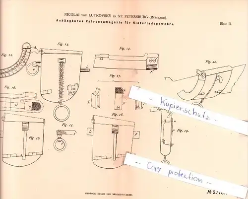 Original Patent - Nicolai von Lutkovsky in St. Petersburg , Russland , 1883 , Patronenmagazin für Gewehre , Schusswaffen