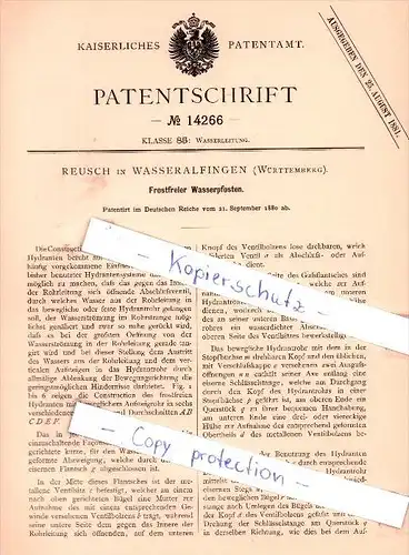 Original Patent -  Reusch in Wasseralfingen , Württemberg , 1880 , Frostfreier Wasserpfosten !!!