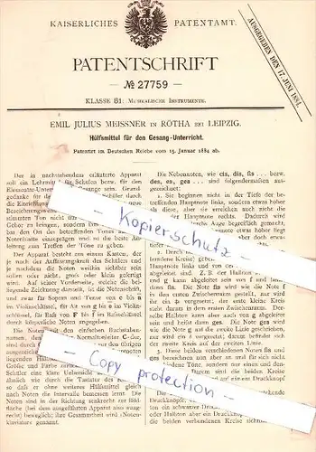 Original Patent - E. J. Meissner in Rötha bei Leipzig , 1884 , Hülfsmittel für den Gesang-Unterricht !!!