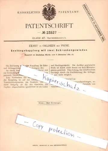 Original Patent - Ernst in Oelheim bei Peine , 1882 , Maschinenelemente !!!