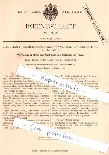Original Patent - C. F. Haas in Neurönnebeck, Amt Blumenthal bei Bremen , 1881 , Uhren !!!
