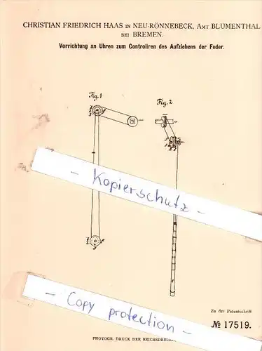 Original Patent - C. F. Haas in Neurönnebeck, Amt Blumenthal bei Bremen , 1881 , Uhren !!!