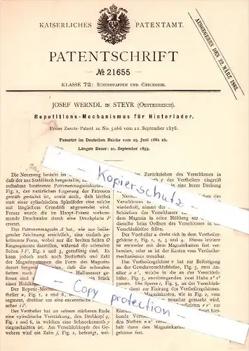 Original Patent - J. Werndl in Steyr , Oesterreich , 1882 , Repetitons-Mechanismus für Hinterlader !!!